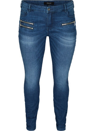 Sanna jeans med lynlås detaljer, Blue denim, Packshot image number 0