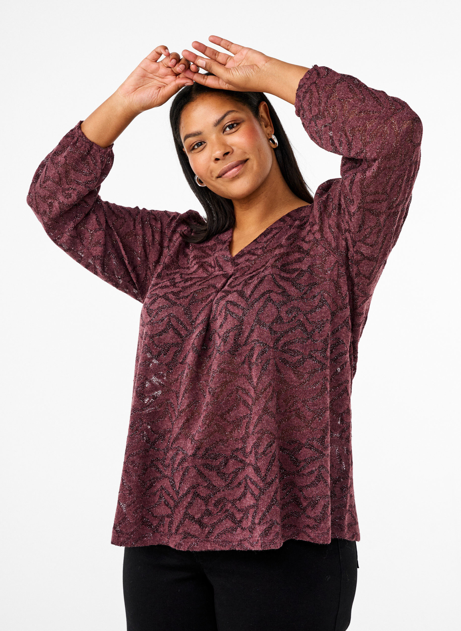 Zizzi Lang&aelig;rmet bluse med glimmer og m&oslash;nster, R&oslash;d, Model image number 0