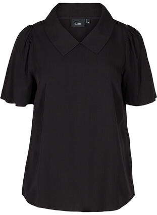 Viskose bluse med v-udskæring og krave, Black, Packshot image number 0