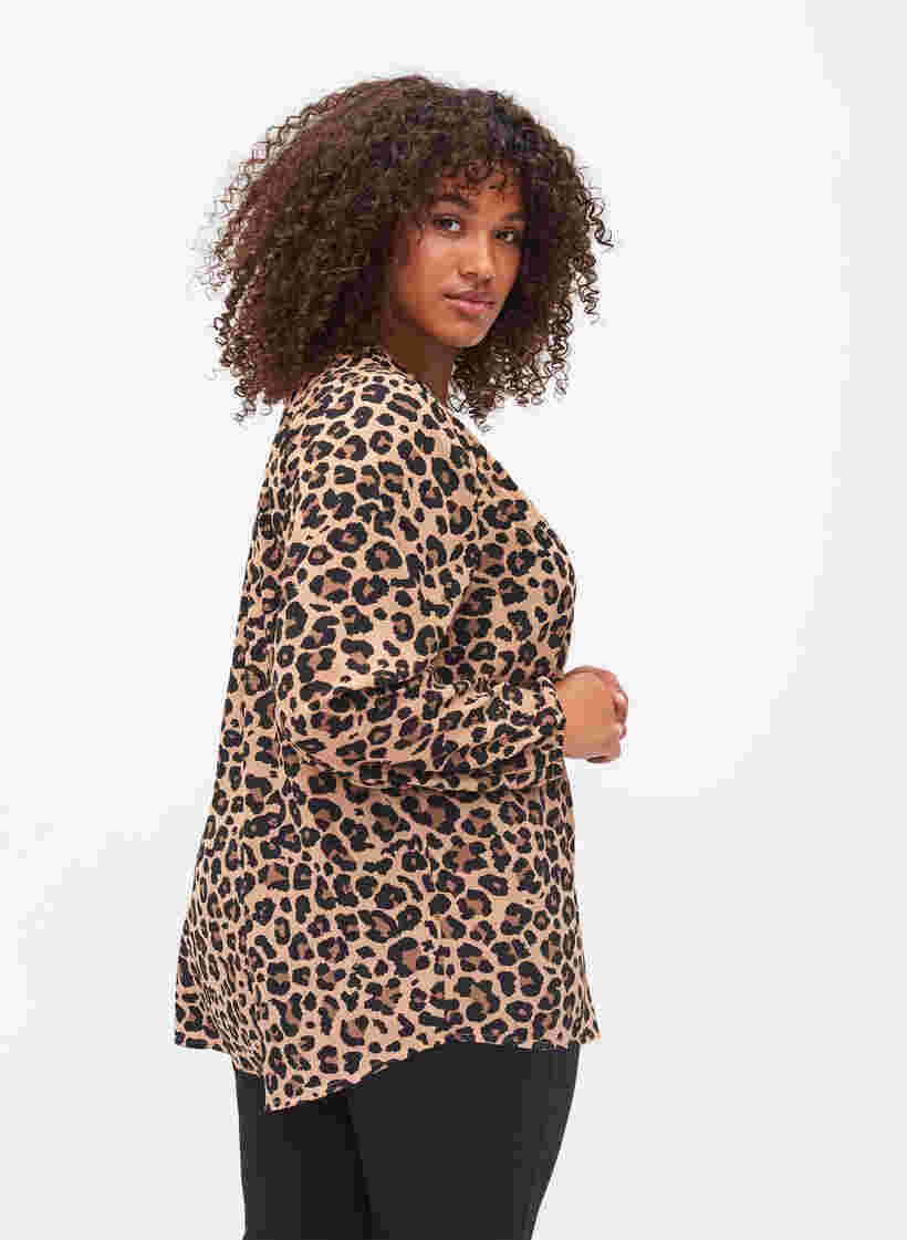 Langærmet bluse med leoprint og v-hals, Leopard, Model image number 1