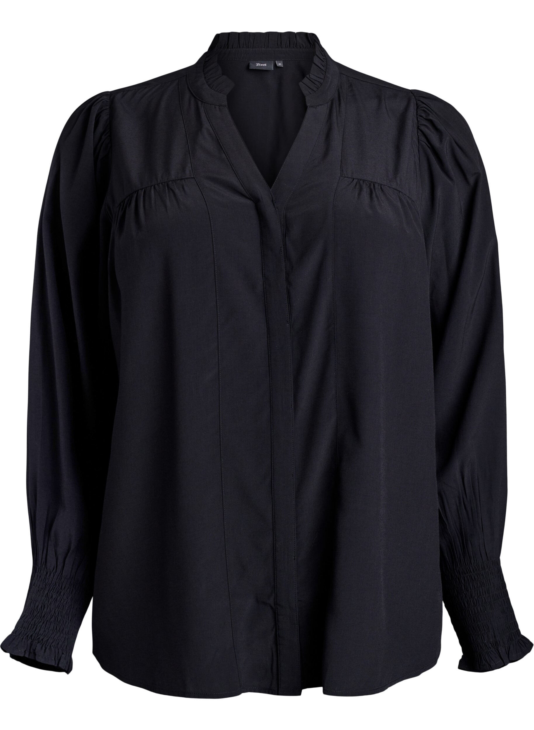 Skjortebluse med fl&aelig;sekrave og rynkedetaljer