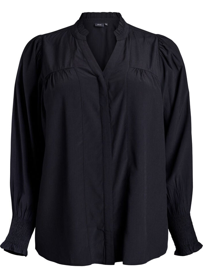 Skjortebluse med fl&aelig;sekrave og rynkedetaljer, Sort, Packshot image number 0