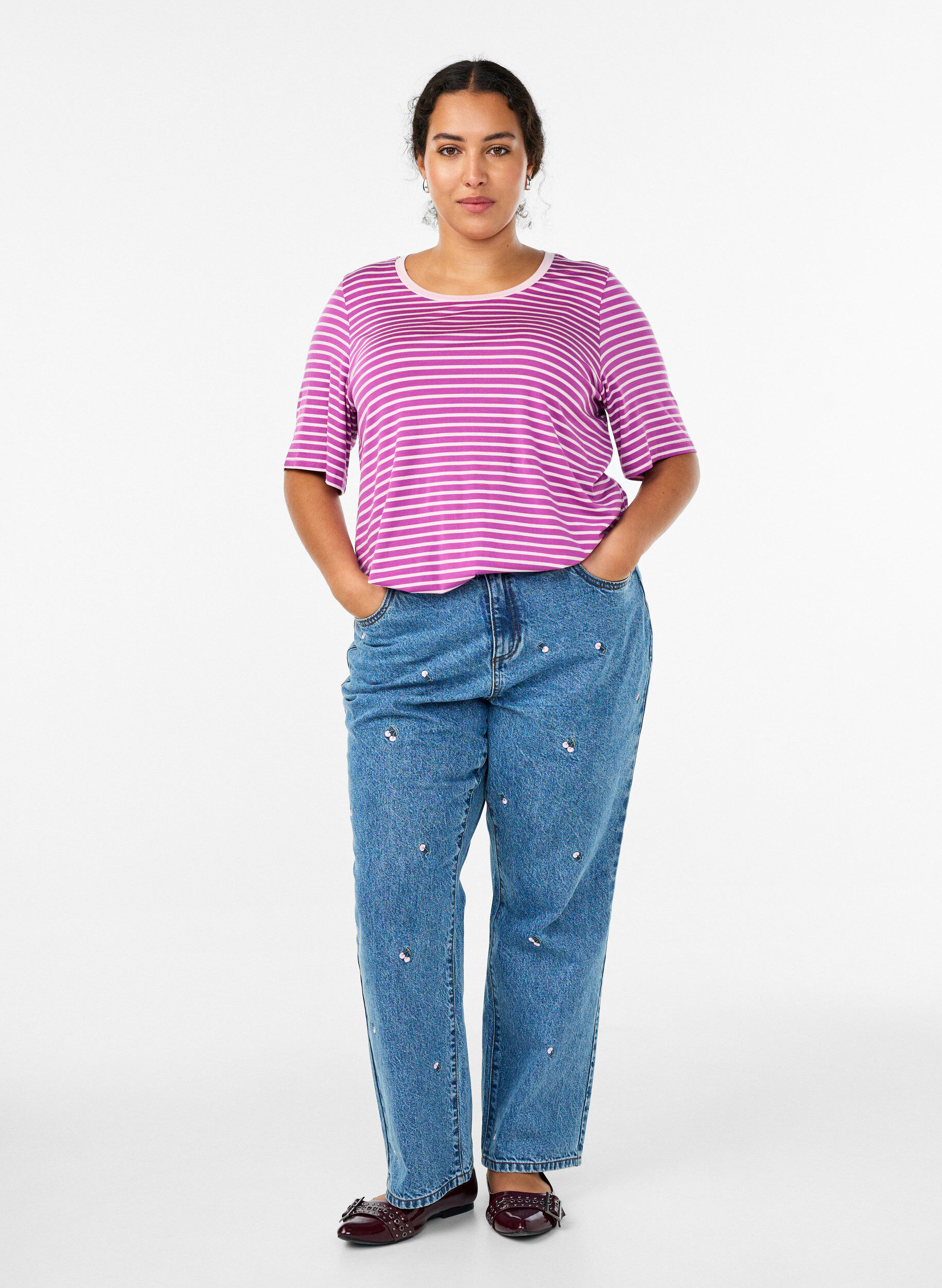 ZizziT-shirt med TENCEL&trade; Lyocell og striber, Lilla, Model image number 1