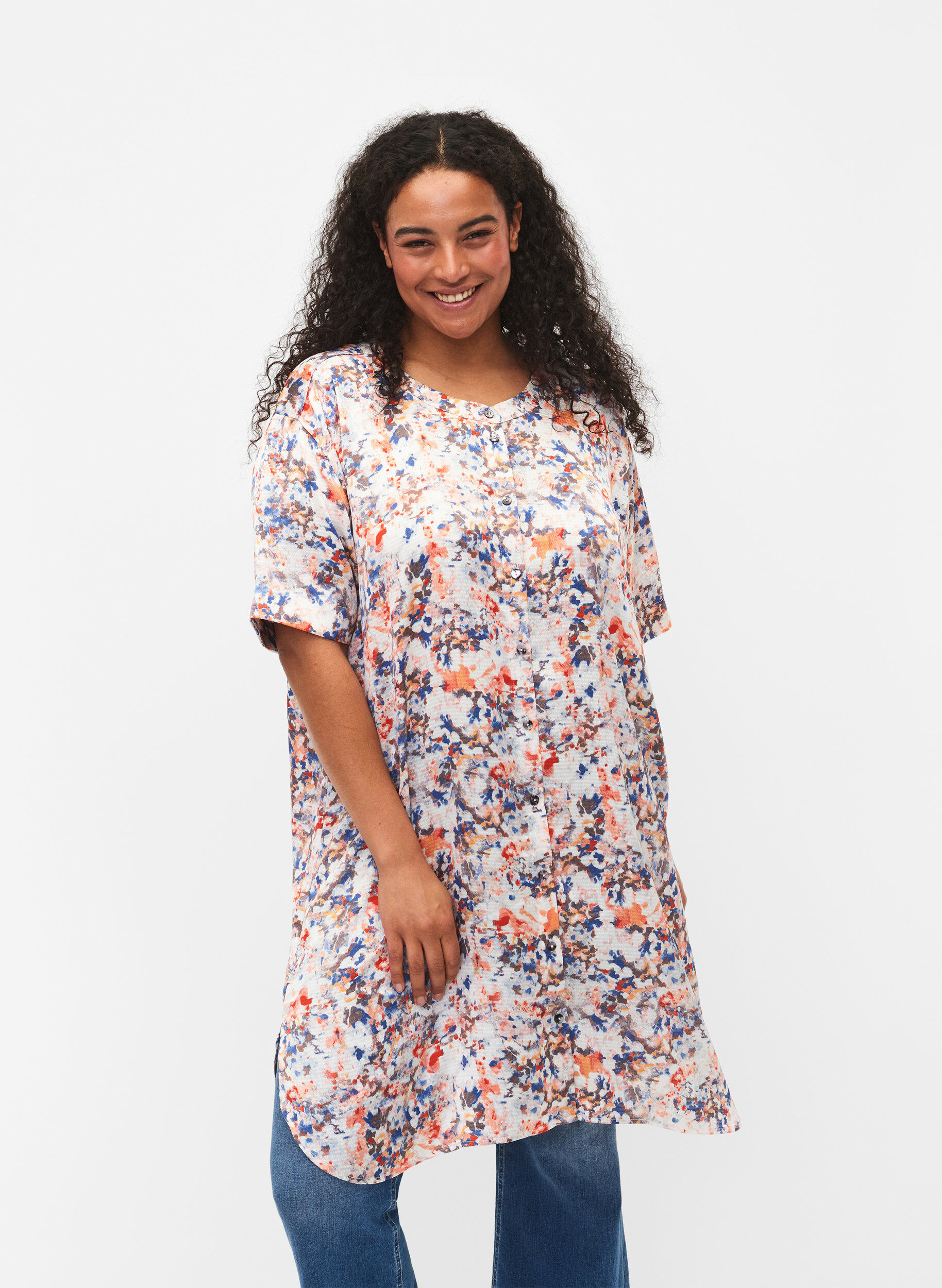 Zizzi Printet skjortekjole med knaplukning, B.White graphic AOP, Model image number 0