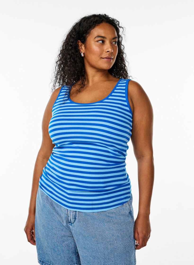 Stribet tanktop med ribstruktur, Bl&aring;, Model image number 0