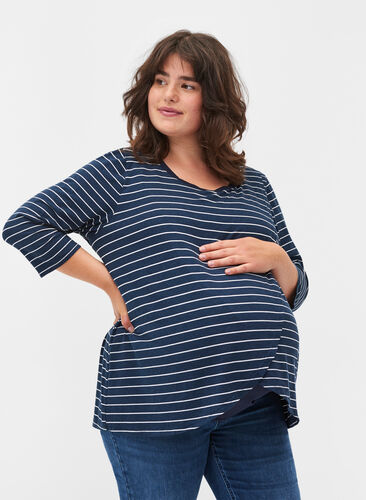 Stribet graviditets bluse med 3/4 ærmer, Blue Stripe , Model image number 0