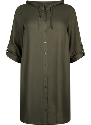 Skjortekjole i viskose med hætte og 3/4 ærmer, Thyme, Packshot image number 0