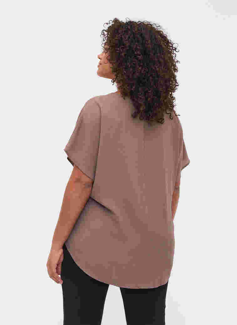 Bluse med korte ærmer og rund halsudskæring, Deep Taupe, Model image number 1