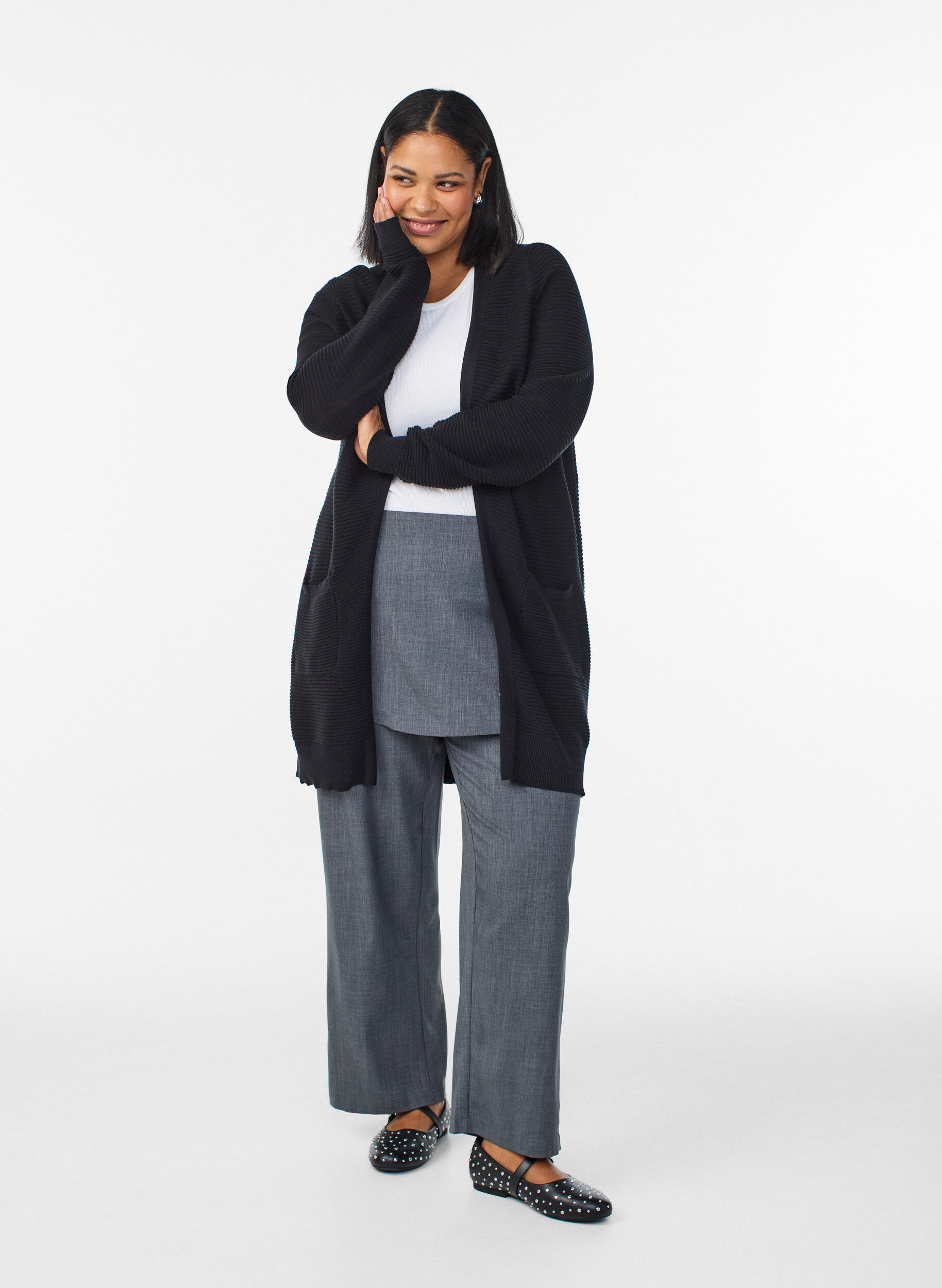 Zizzi Lang ribstrikket cardigan i bomuld, Sort, Model image number 1