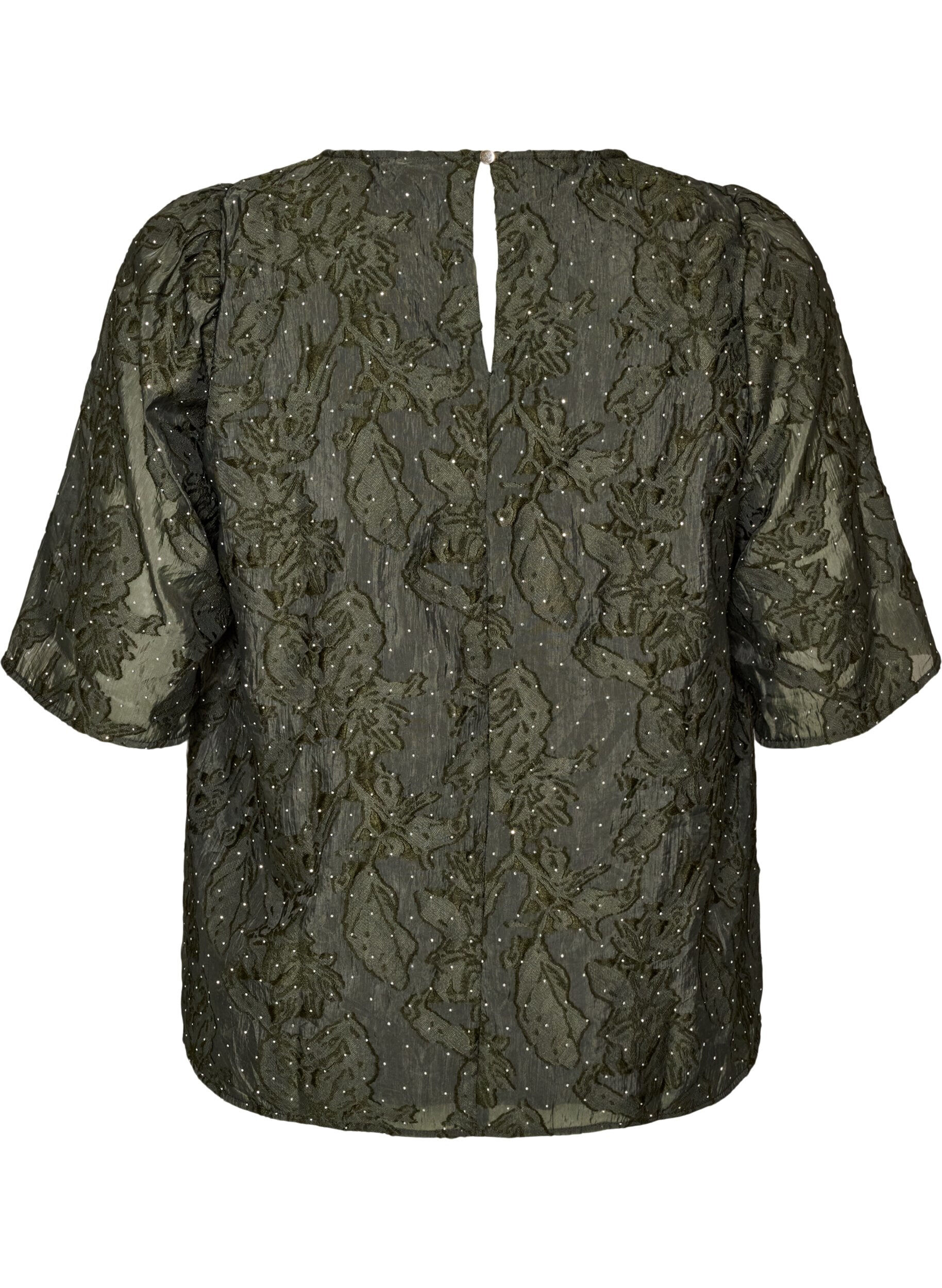ZizziJacquardbluse med glimtende detaljer og puf&aelig;rmer, Gr&oslash;n, Packshot image number 1