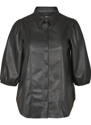 Imiteret læderskjorte med 3/4 pufærmer, Black, Packshot image number 0