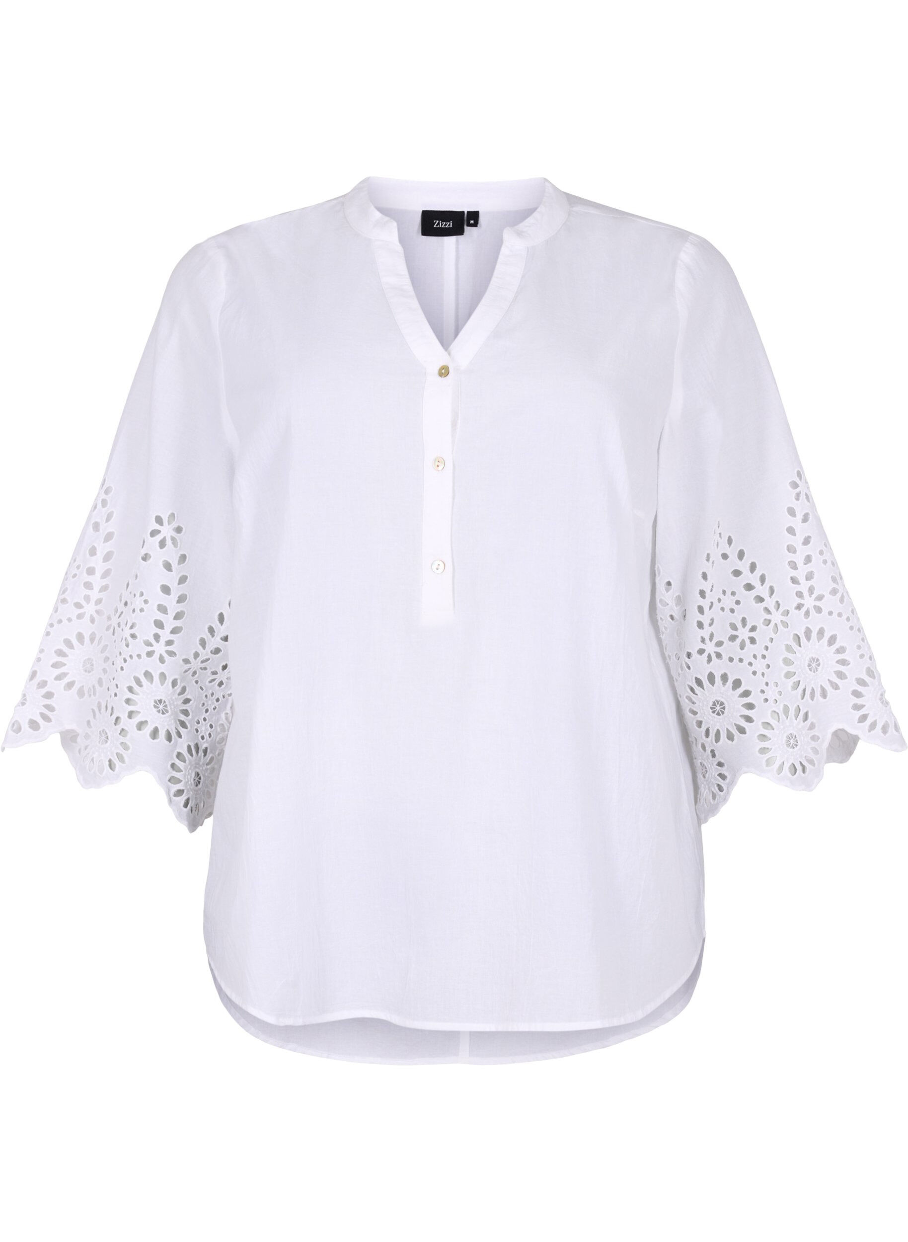 Zizzi Skjortebluse med broderi anglaise og 3/4 &aelig;rmer, Bright White, Packshot image number 0