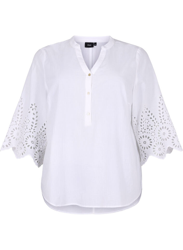 Skjortebluse med broderi anglaise og 3/4 ærmer, Bright White, Packshot image number 0