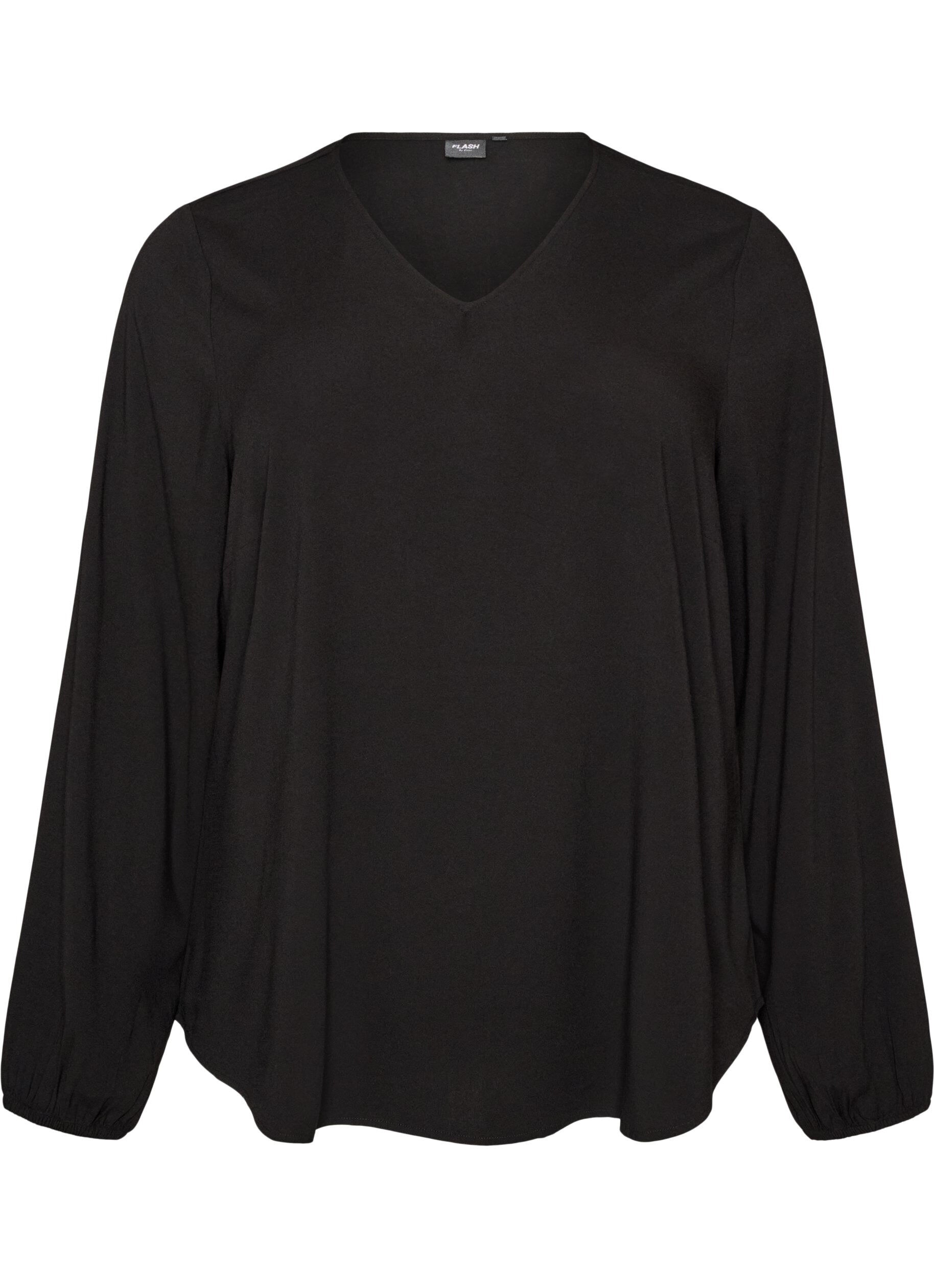 ZizziViskosebluse med V-hals og lange &aelig;rmer, Sort, Packshot image number 0