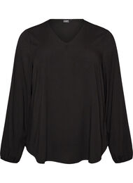 Viskosebluse med V-hals og lange &aelig;rmer, Sort