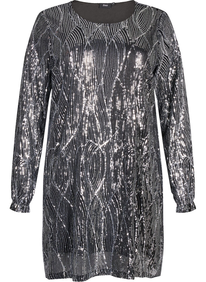 Langærmet pailletkjole med mønster, Silver Sequins, Packshot image number 0