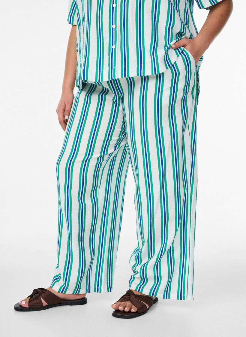Stribede bukser med h&oslash;j talje og brede ben, Vanilla, Model image number 0