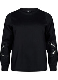 Sweatbluse med broderede udskæringer, Black