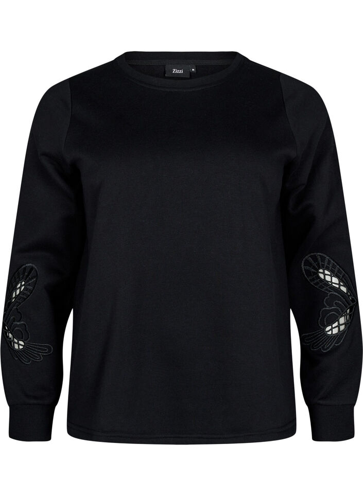Sweatbluse med broderede udskæringer, Black, Packshot image number 0