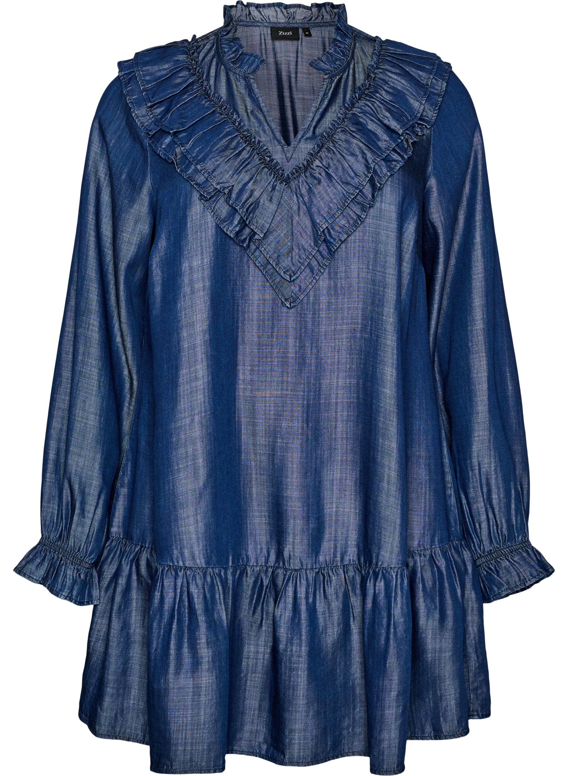 ZizziKort kjole i denimlook med fl&aelig;ser, Bl&aring;, Packshot image number 0