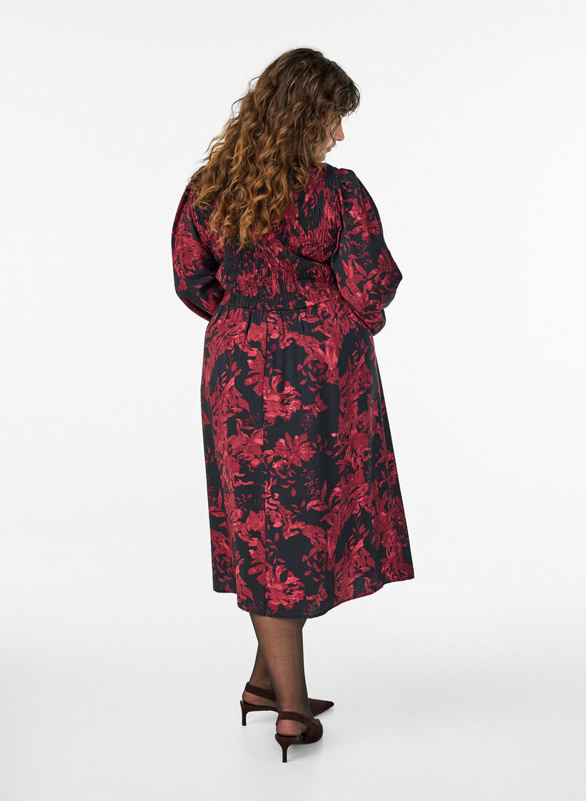 Kjole med blomsterprint og smock-overdel, Sort, Model image number 1