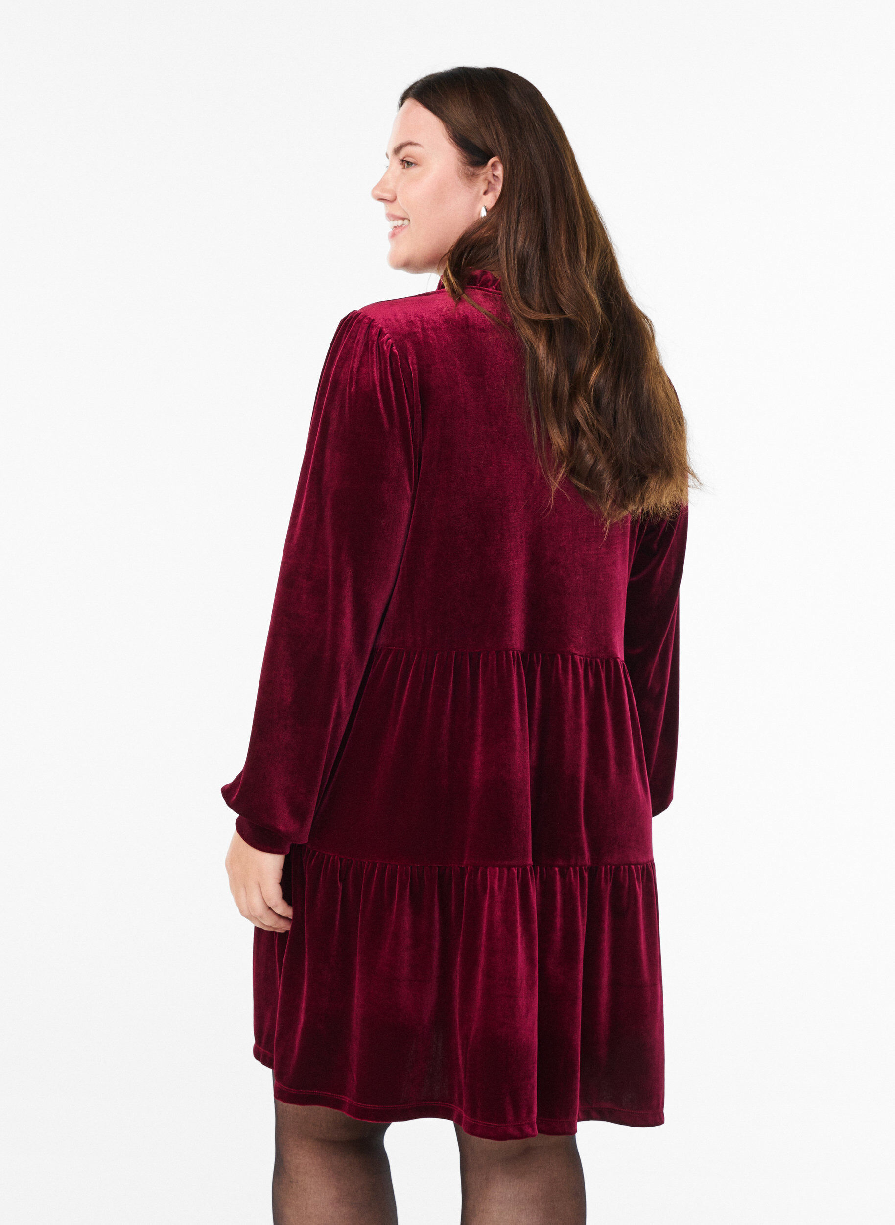 ZizziKort velourkjole med fl&aelig;sekrave og lange &aelig;rmer, R&oslash;d, Model image number 2