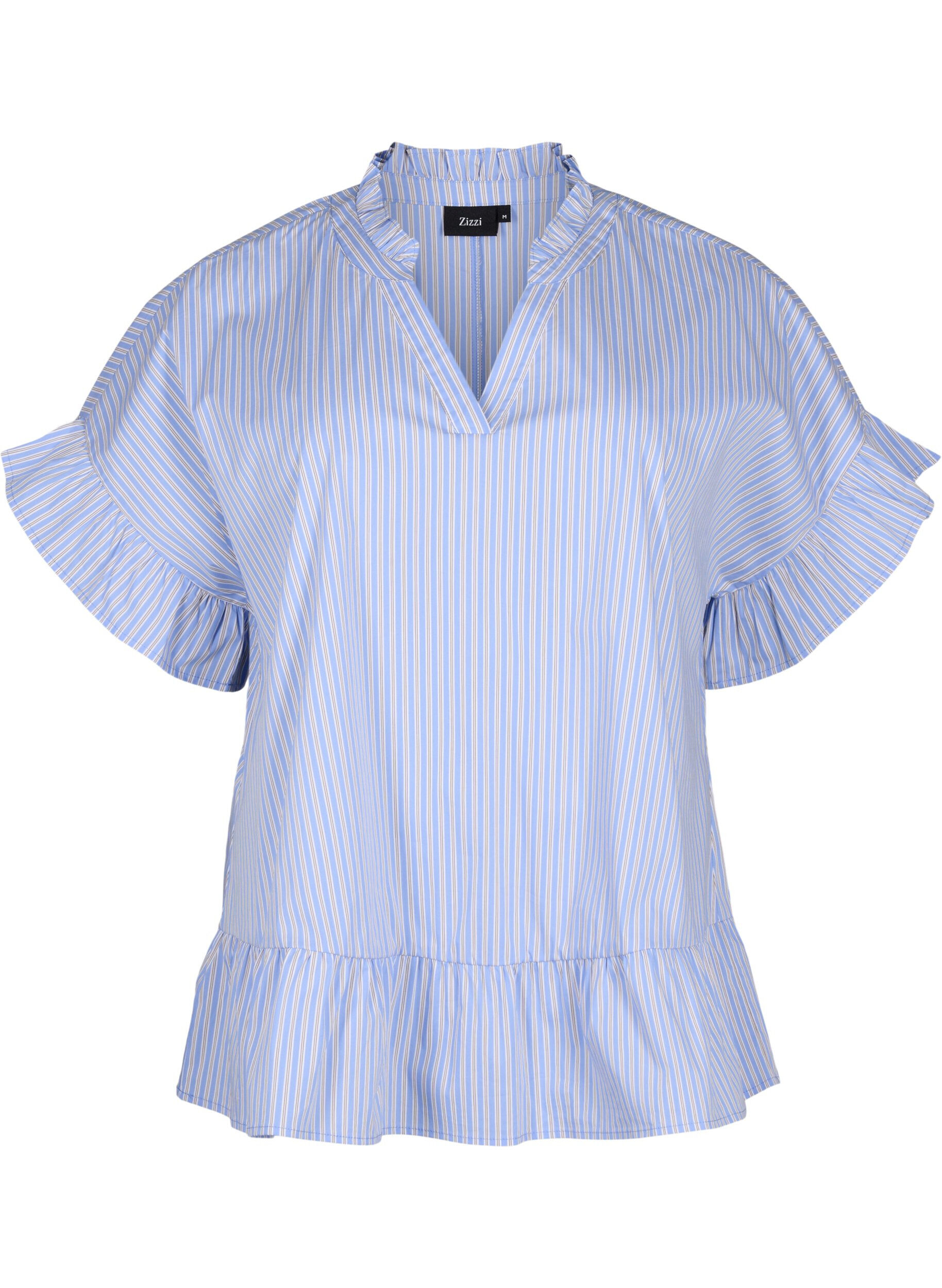 Zizzi Stribet bluse med peplum og fl&aelig;sedetaljer, Blue Stripe, Packshot image number 0