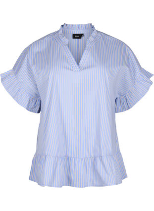 Stribet bluse med peplum og flæsedetaljer, Blue Stripe, Packshot image number 0