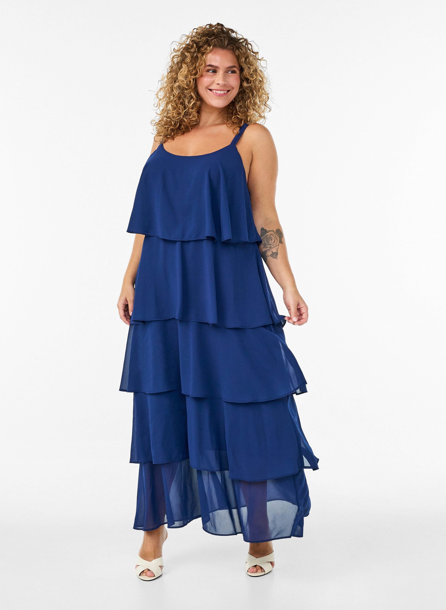 Maxikjole med fl&aelig;selag og aftagelig kappe, Bl&aring;, Model