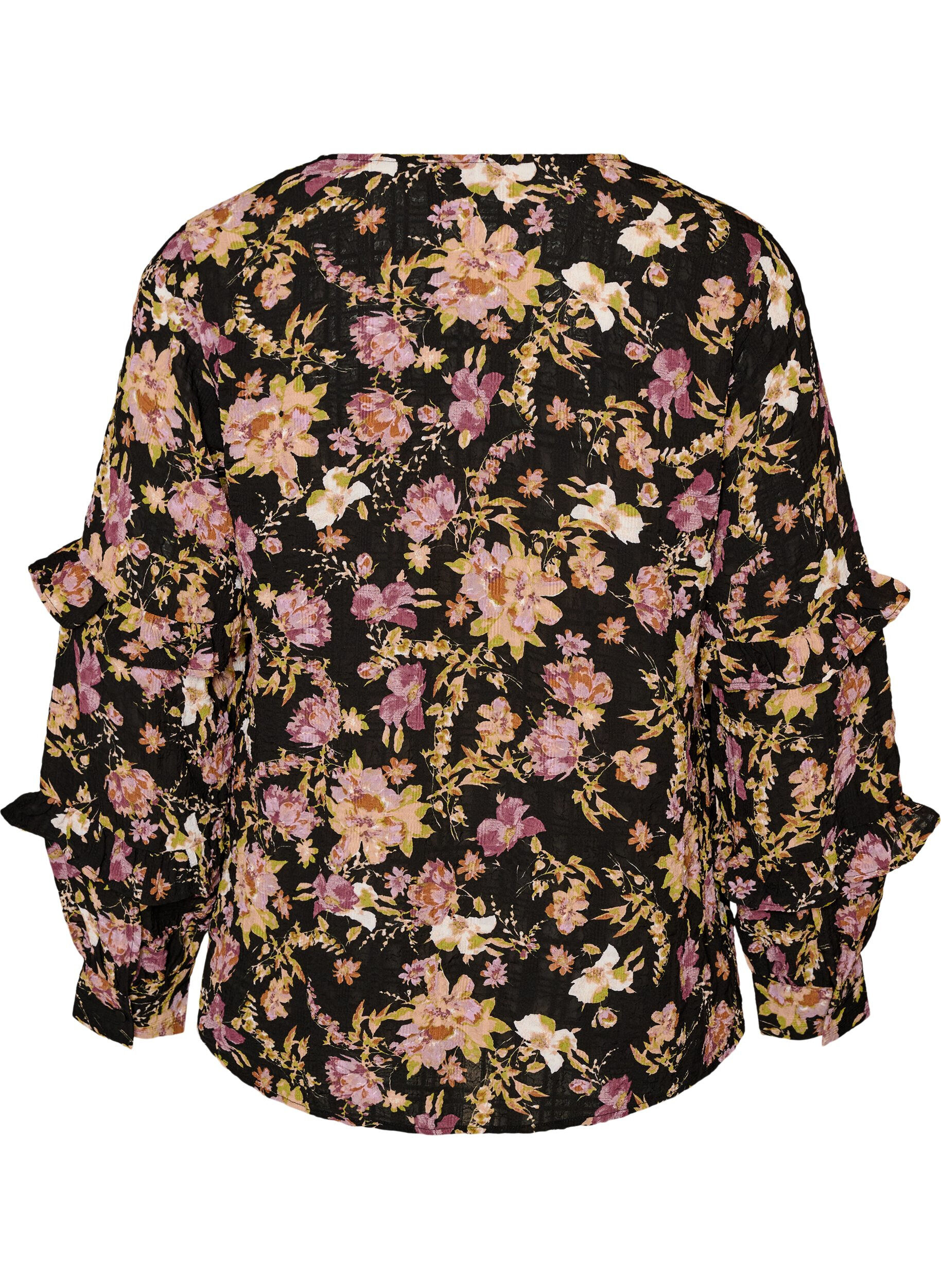 ZizziBluse med blomsterprint og fl&aelig;sedetaljer, Sort, Packshot image number 1