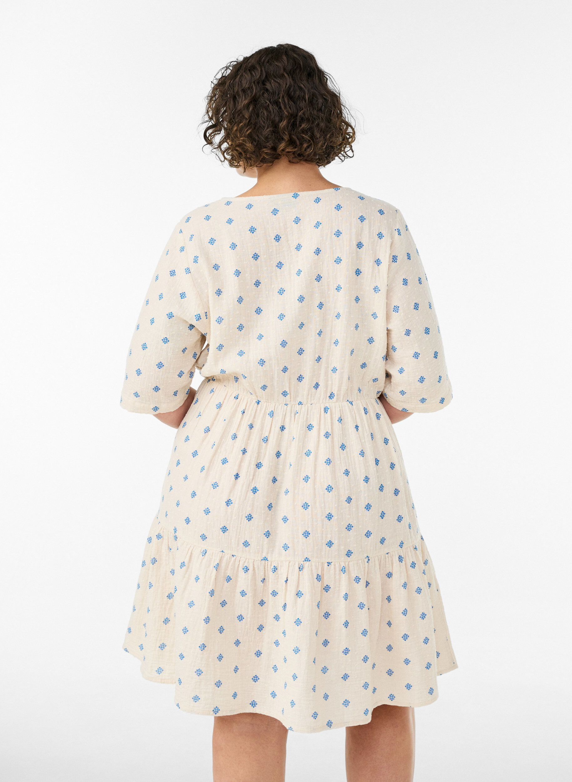 ZizziKjole i bomuld med print og elastisk talje, Beige, Model image number 2