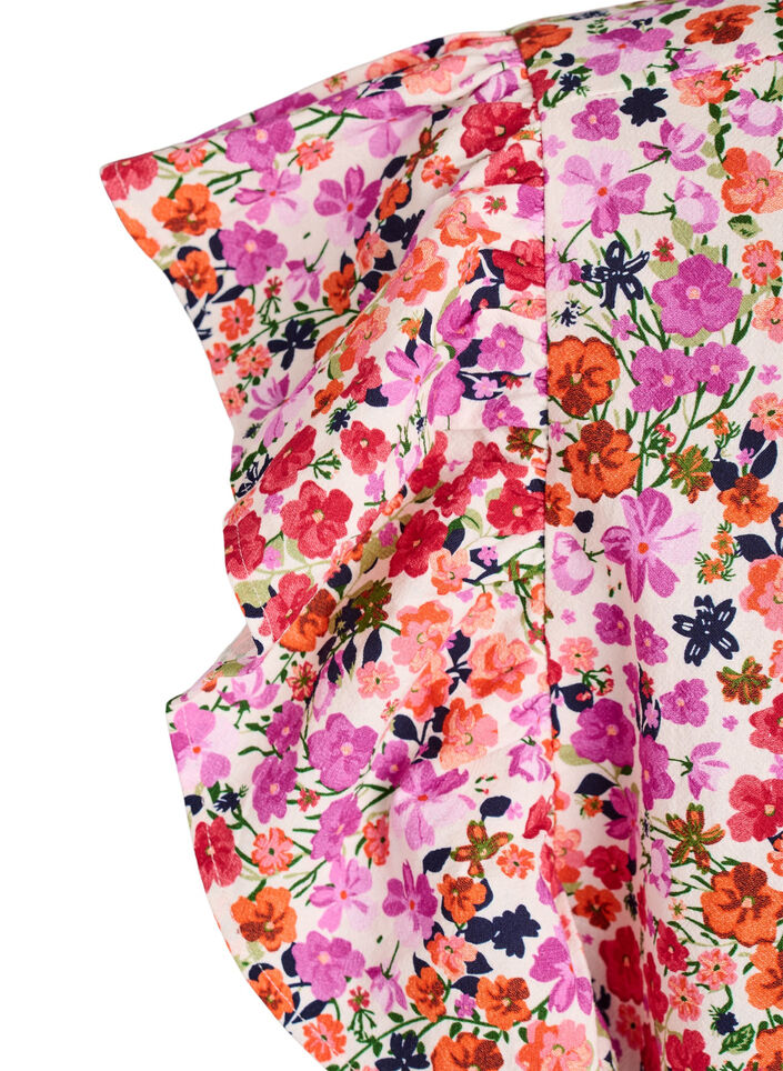 Blomstret bomuldskjole med fl&aelig;ser og V-udsk&aelig;ring, Lyser&oslash;d, Packshot image number 3