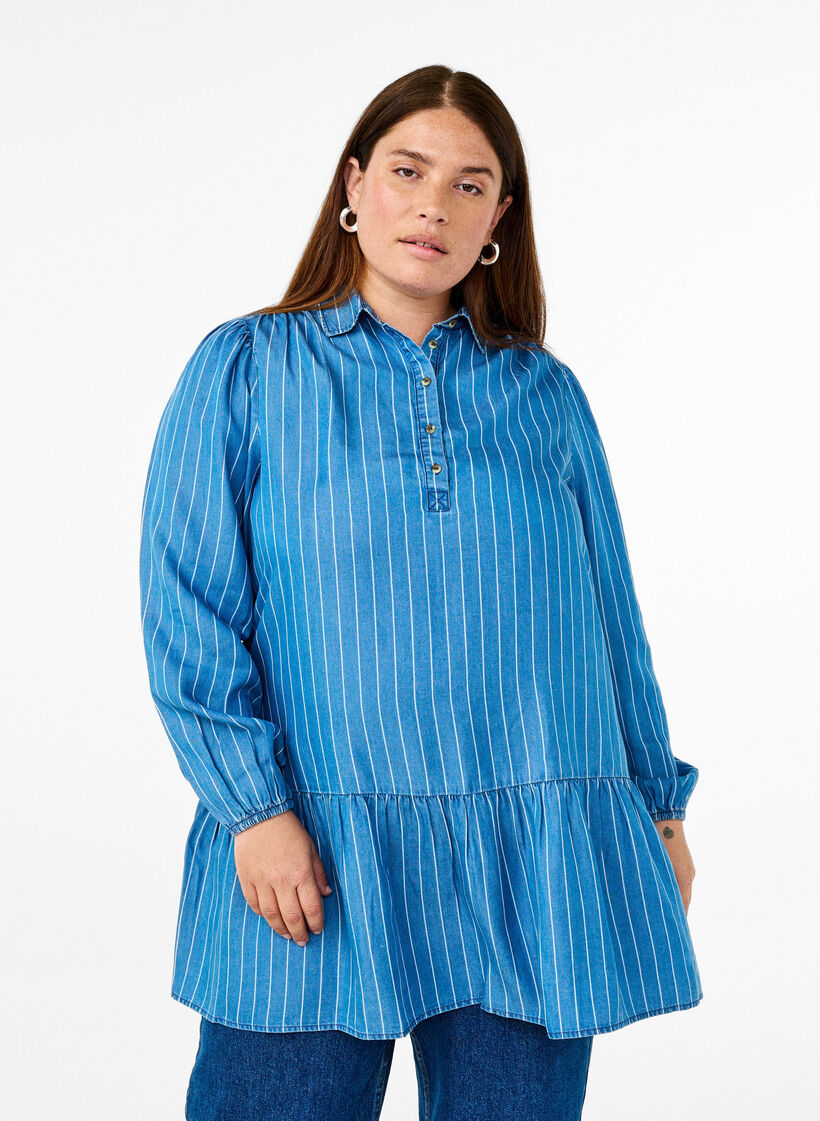 Denim tunika med TENCEL™ og striber, Blå, Model image number 0