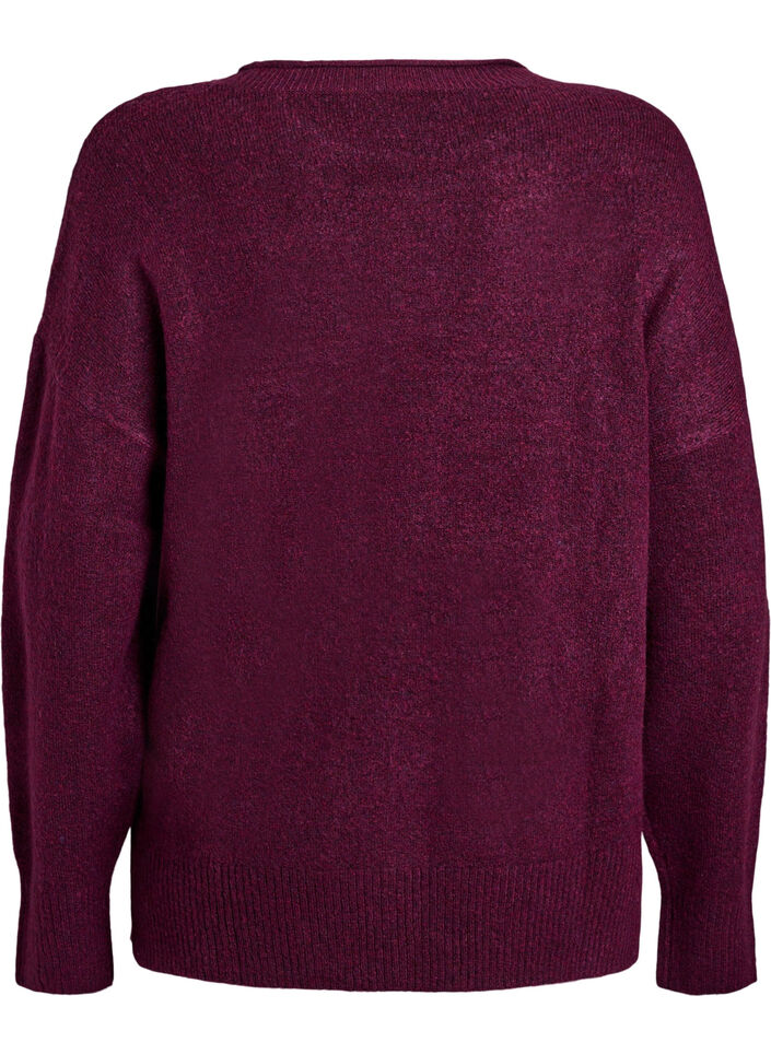 Strikbluse med V-formet ribm&oslash;nster og slidser, Lilla, Packshot image number 1