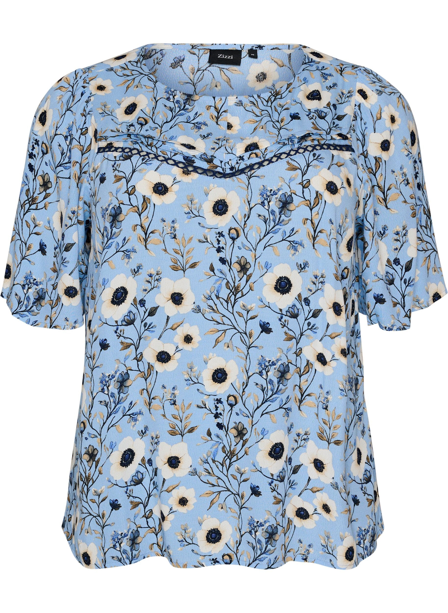 ZizziBlomstret bluse med korte &aelig;rmer, Bl&aring;, Packshot image number 0