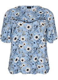 Blomstret bluse med korte &aelig;rmer, Bl&aring;