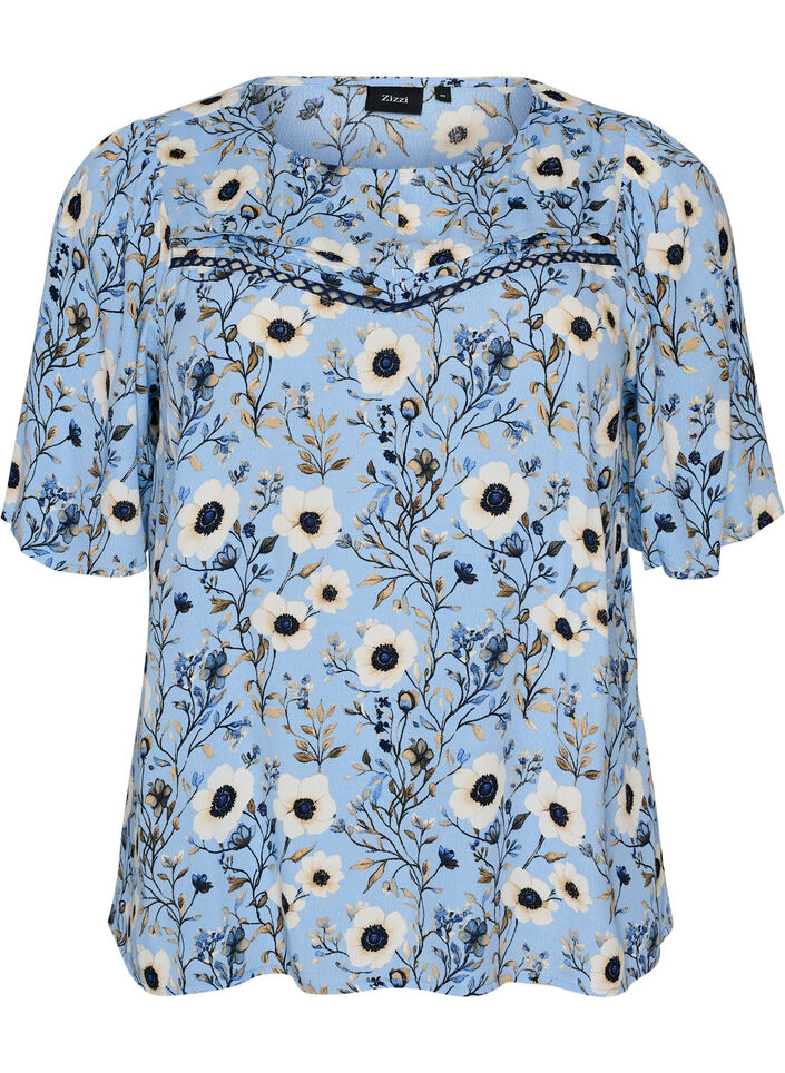 Blomstret bluse med korte &aelig;rmer, Bl&aring;, Packshot image number 0