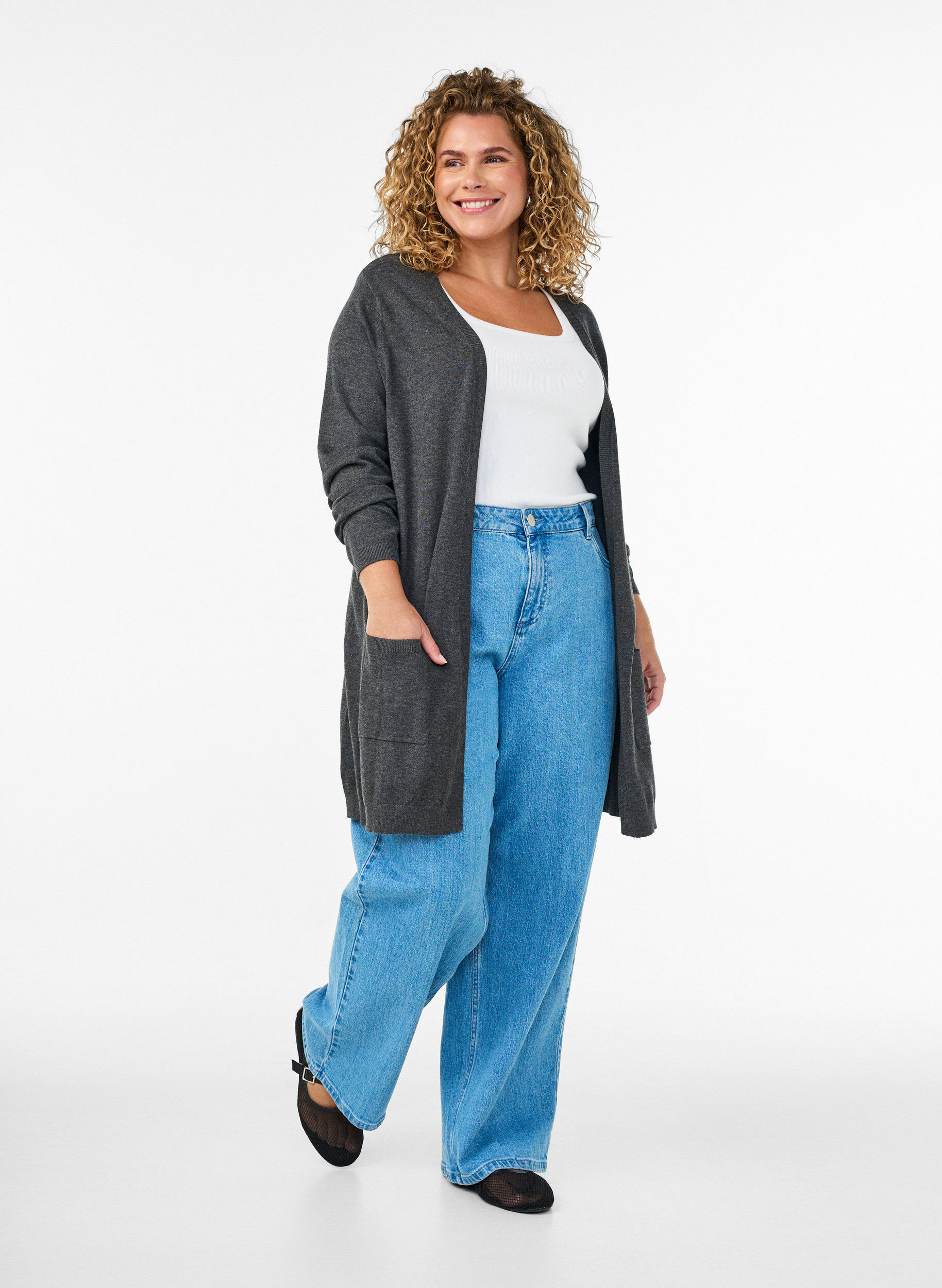 ZizziLang strikcardigan i viskosemix, Gr&aring;, Model image number 1