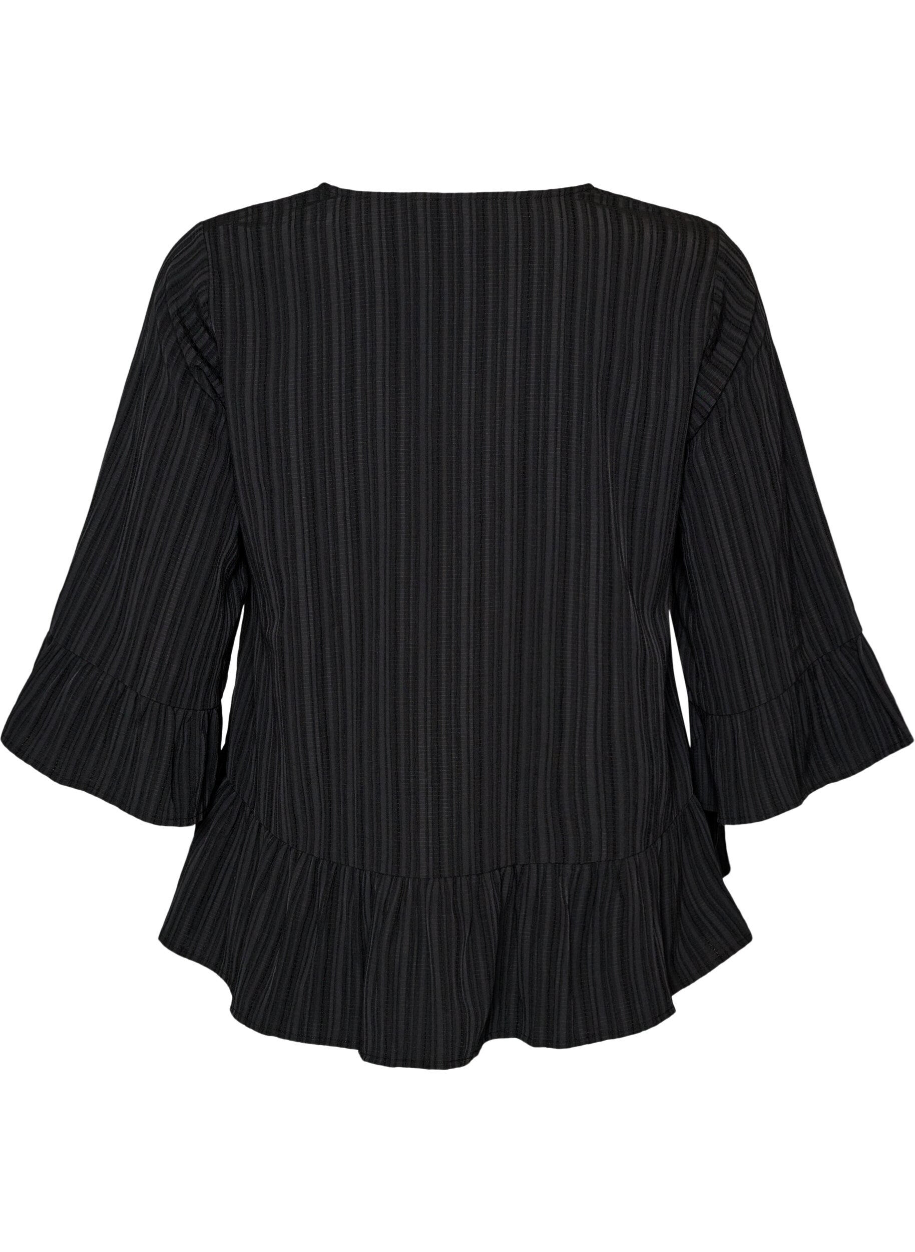 ZizziBluse med struktur, V-hals og fl&aelig;ser, Sort, Packshot image number 1