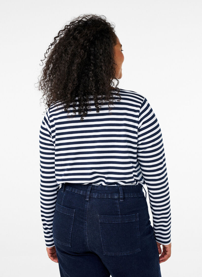 Bluse med striber og motiv, White w.Navy Stripe, Model image number 1
