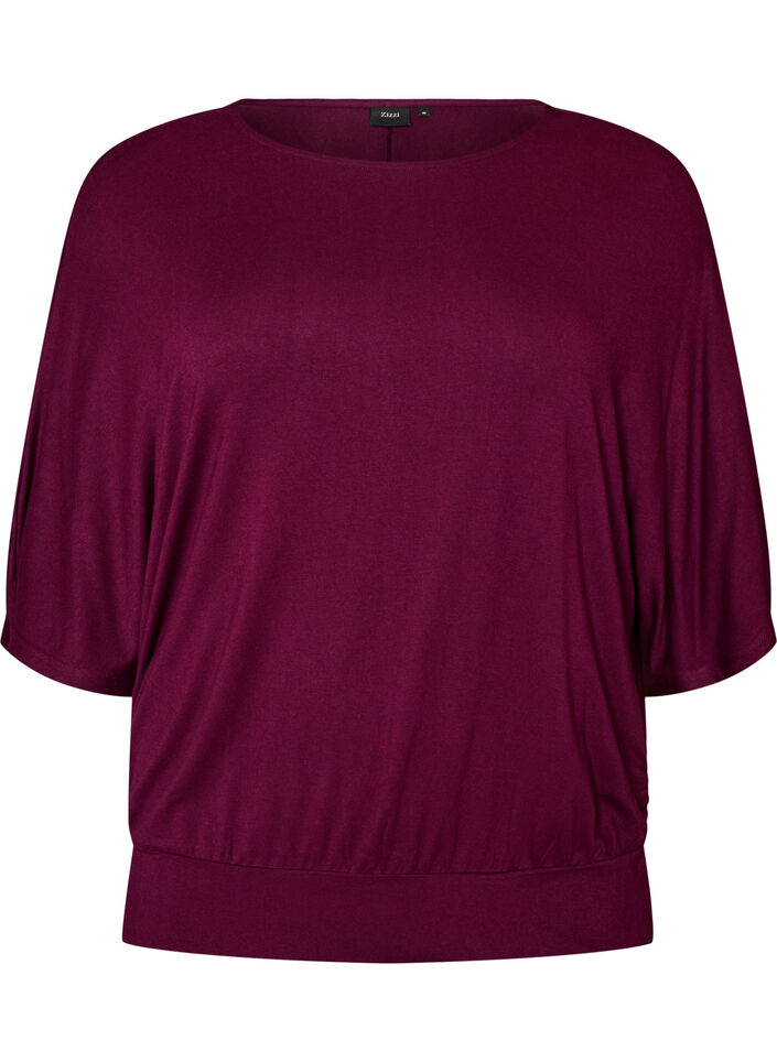 Jerseybluse med albuelange &aelig;rmer og balloneffekt, Lilla, Packshot image number 0