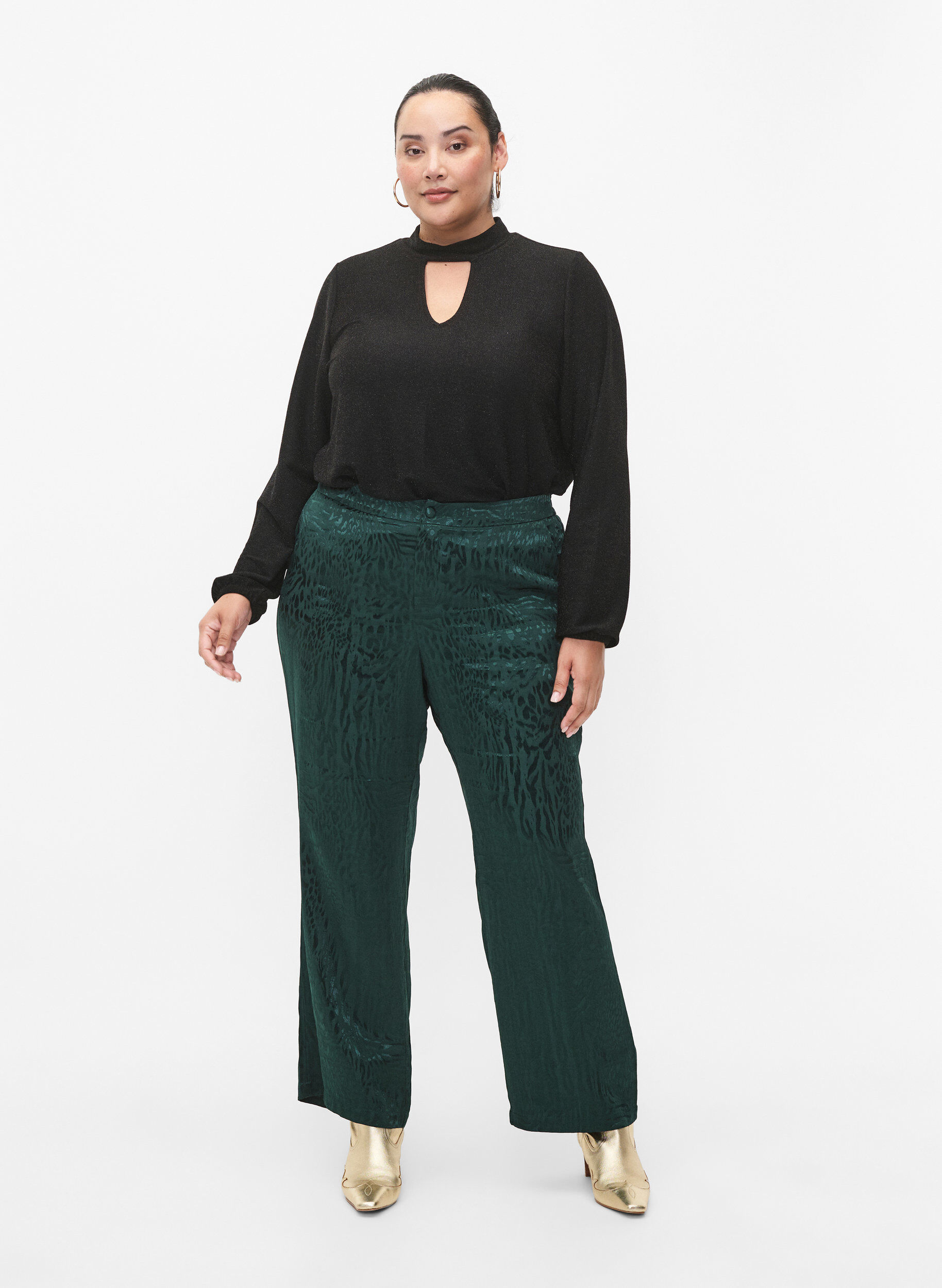 Zizzi Lang&aelig;rmet glitterbluse med rund hals og v-detalje, Black Black, Model image number 3