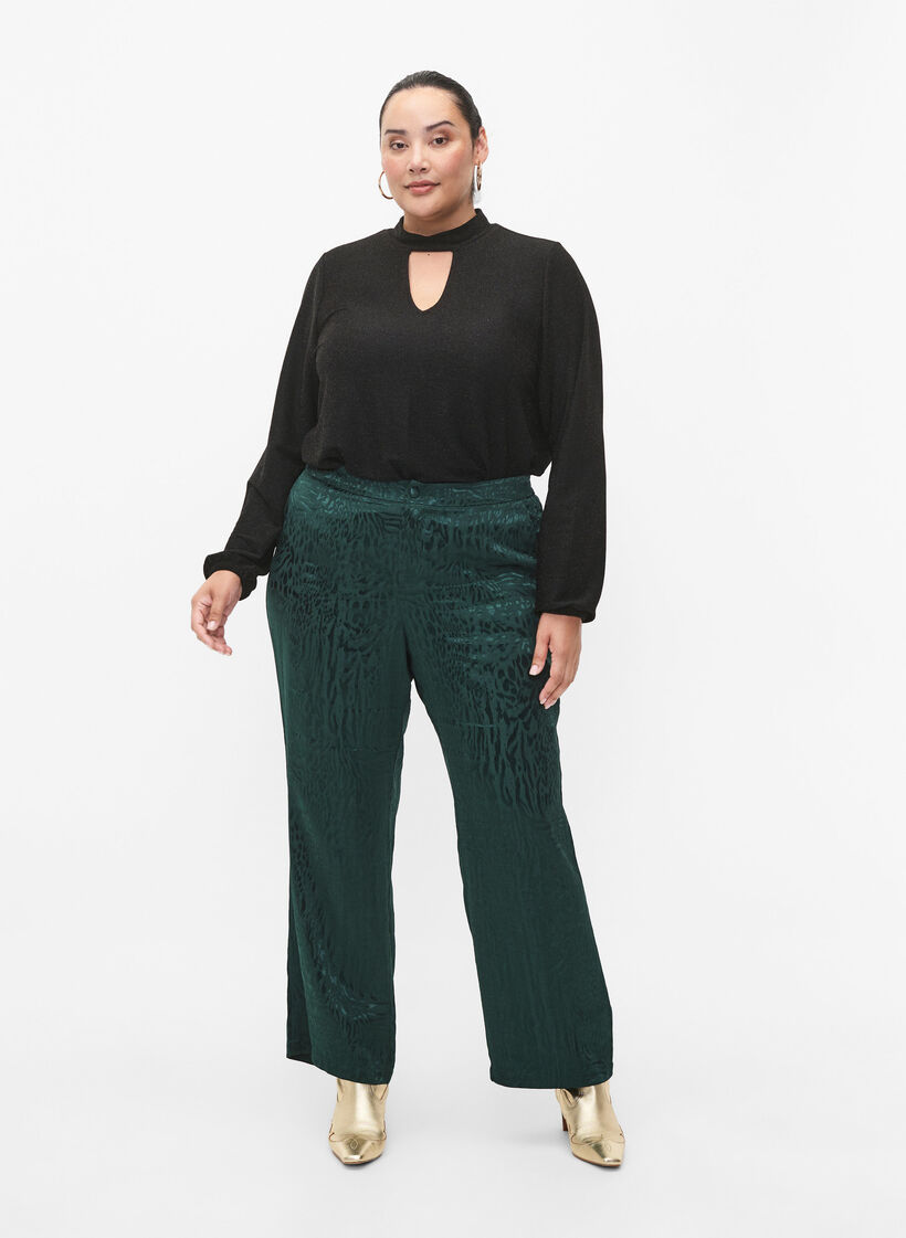 Langærmet glitterbluse med rund hals og v-detalje, Black Black, Model image number 3