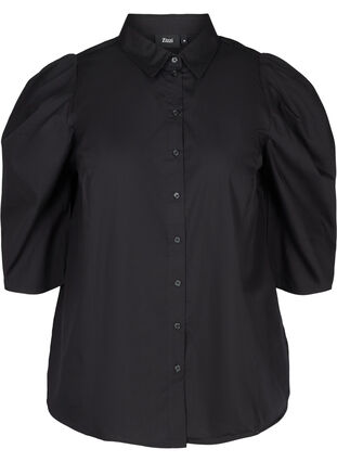 Bomulds skjorte med 3/4 pufærmer, Black, Packshot image number 0
