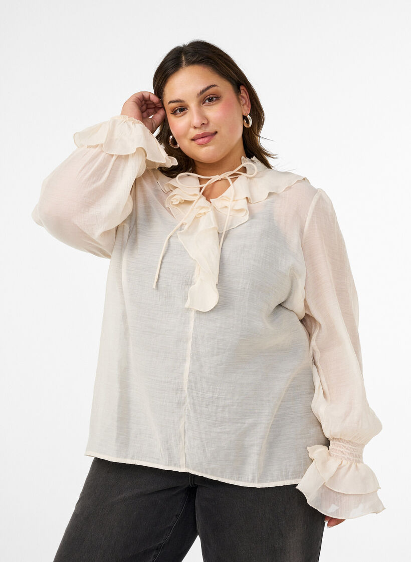 Bluse i viskose med fl&aelig;ser og lange &aelig;rmer, Vanilla, Model image number 0