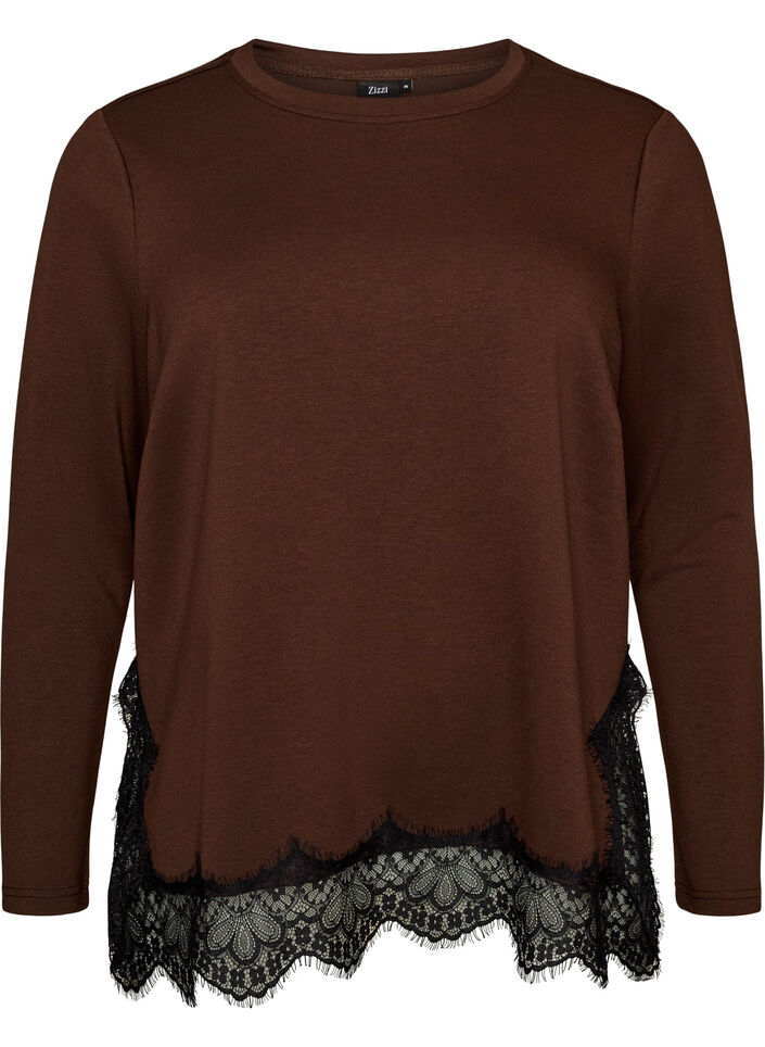 Jerseybluse med blondekant, Brun, Packshot image number 0
