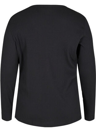 Langærmet bluse i rib med knappedetaljer, Black, Packshot image number 1
