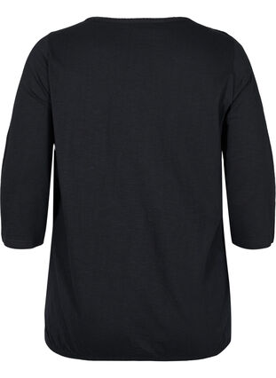 Ensfarvet bluse med 3/4 ærmer i bomuld, Black, Packshot image number 1