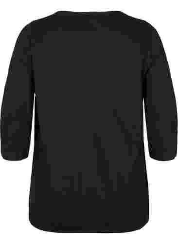 Ensfarvet bluse med 3/4 ærmer i bomuld, Black, Packshot image number 1
