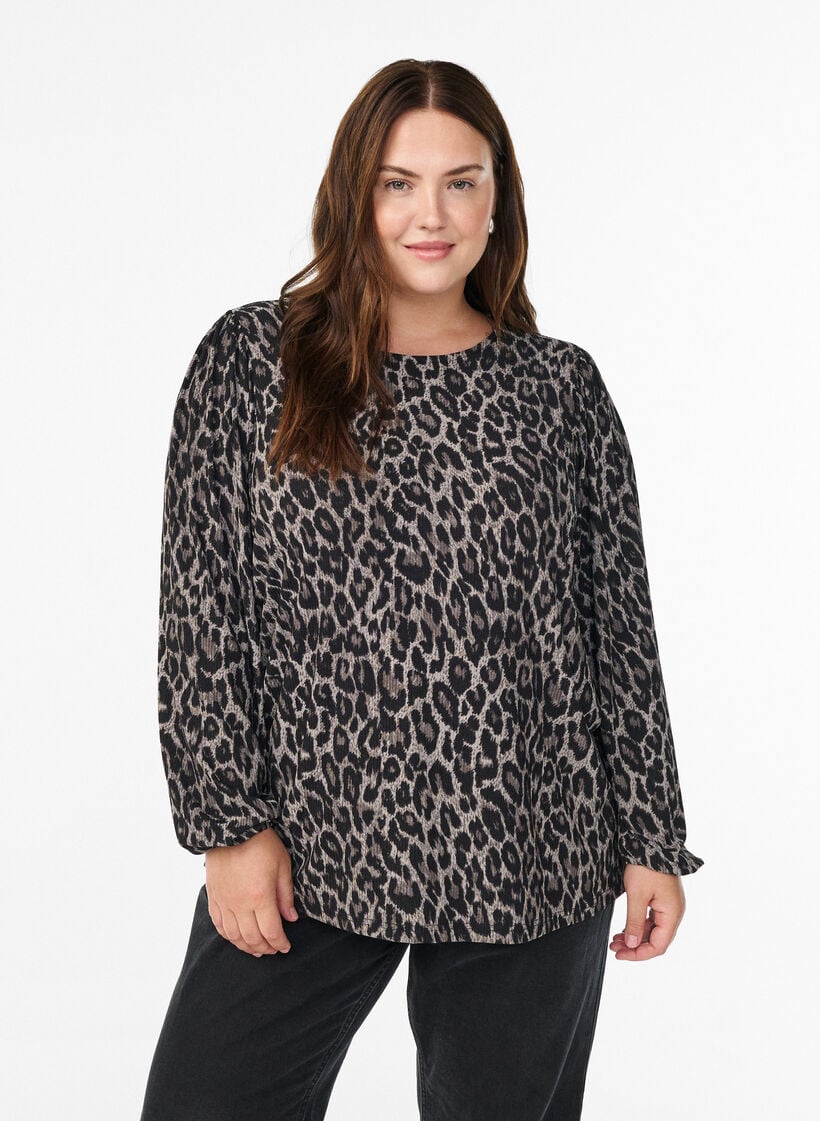 Bluse med lange &aelig;rmer og leoprint, Gr&aring;, Model image number 0